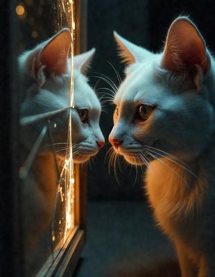 The primary subject of the image is a white cat with long whiskers, looking at its reflection in a mirror. The cat is positioned in the foreground, and the mirror is located in the background. The visual style of the image is a photo, capturing the cat's curiosity as it gazes at its own reflection. The colors in the image are predominantly white, with the cat's fur and the mirror's surface being the main colors. The overall atmosphere of the image is calm and peaceful, as